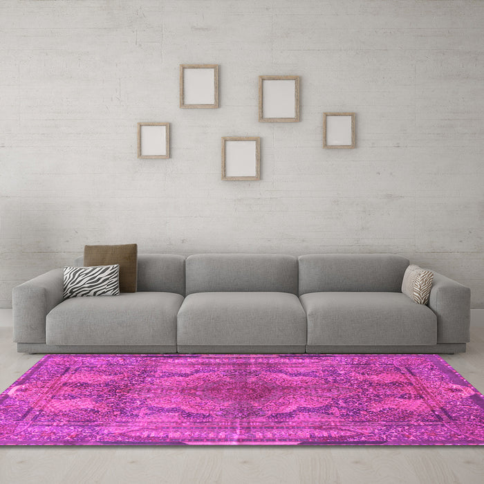 Machine Washable Medallion Pink Traditional Rug in a Living Room, wshtr4685pnk