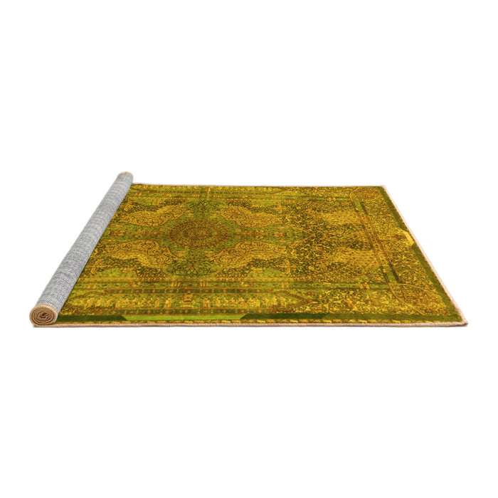 Sideview of Machine Washable Medallion Yellow Traditional Rug, wshtr4685yw