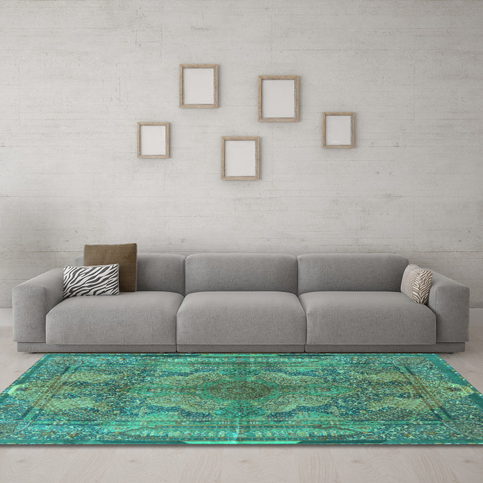 Machine Washable Medallion Turquoise Traditional Area Rugs in a Living Room,, wshtr4685turq
