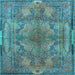 Square Machine Washable Medallion Light Blue Traditional Rug, wshtr4685lblu