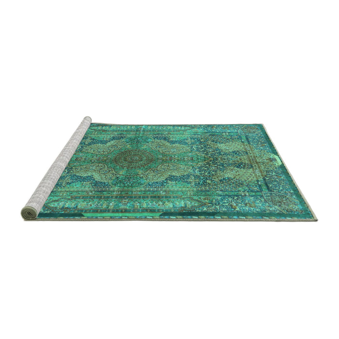 Sideview of Machine Washable Medallion Turquoise Traditional Area Rugs, wshtr4685turq