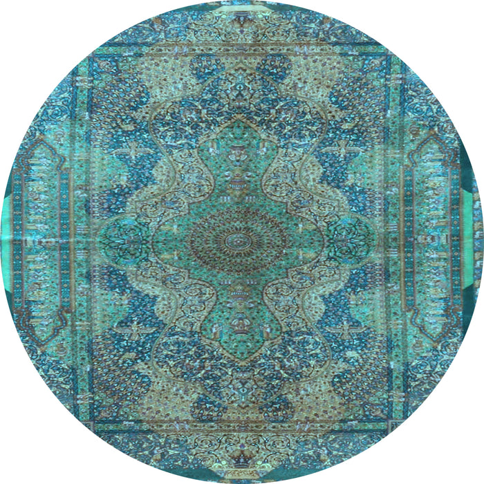 Round Machine Washable Medallion Light Blue Traditional Rug, wshtr4685lblu