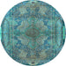 Round Machine Washable Medallion Light Blue Traditional Rug, wshtr4685lblu