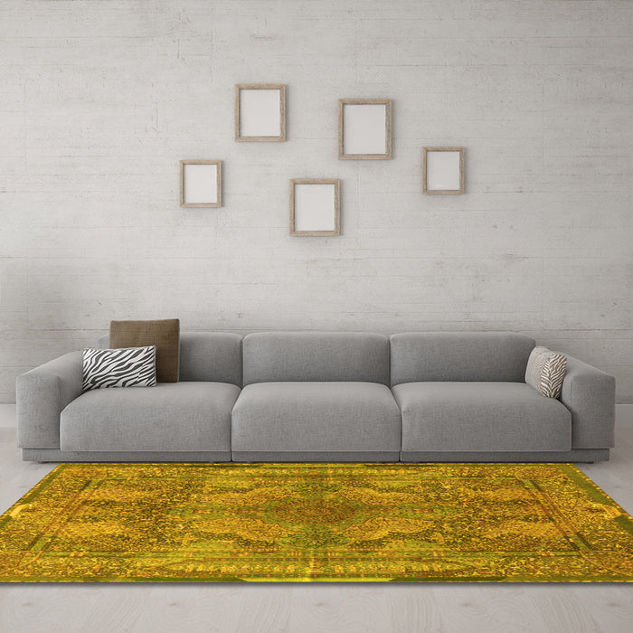 Machine Washable Medallion Yellow Traditional Rug in a Living Room, wshtr4685yw
