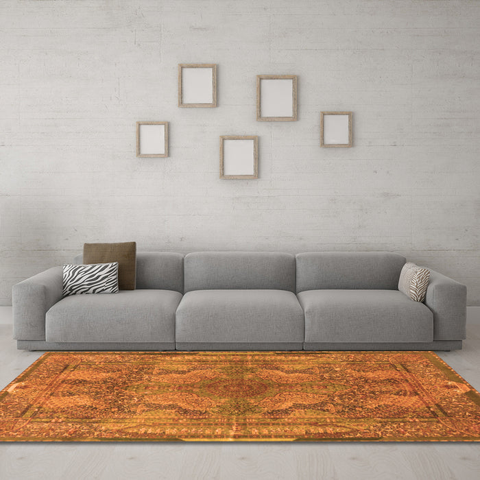 Machine Washable Medallion Orange Traditional Area Rugs in a Living Room, wshtr4685org