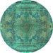 Round Machine Washable Medallion Turquoise Traditional Area Rugs, wshtr4685turq