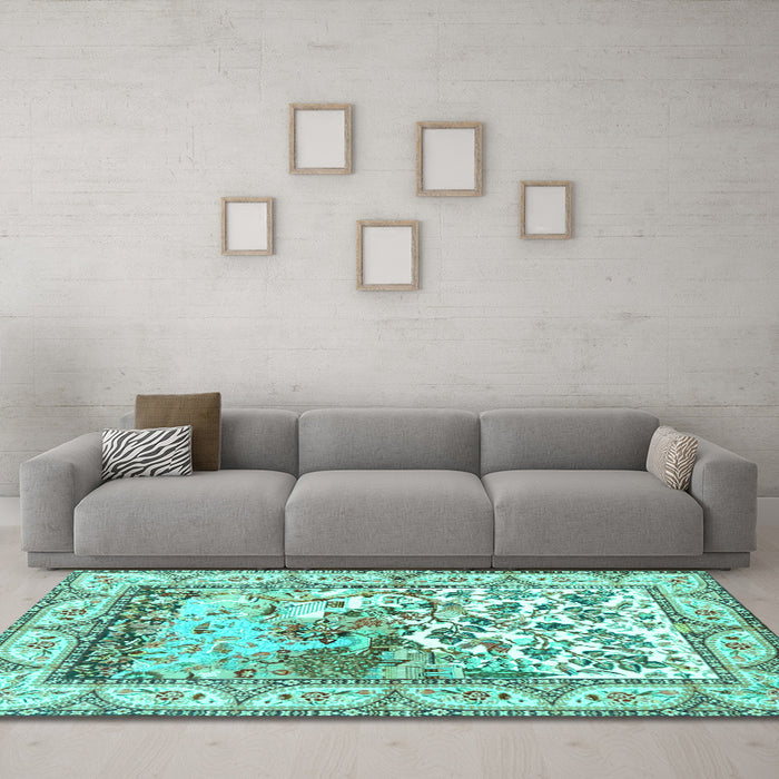 Machine Washable Animal Turquoise Traditional Area Rugs in a Living Room,, wshtr4686turq