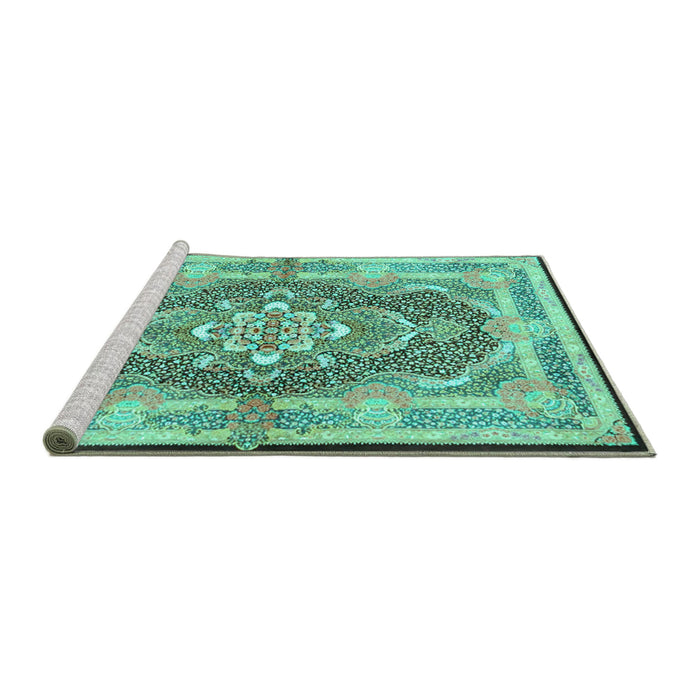 Sideview of Machine Washable Persian Turquoise Traditional Area Rugs, wshtr4687turq