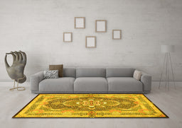 Machine Washable Persian Yellow Traditional Rug in a Living Room, wshtr4687yw
