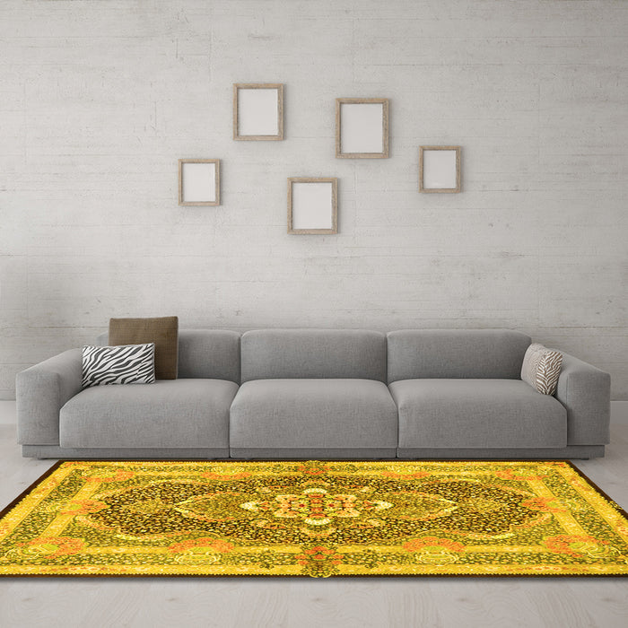 Machine Washable Persian Yellow Traditional Rug in a Living Room, wshtr4687yw