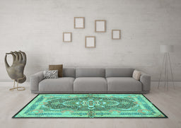 Machine Washable Persian Turquoise Traditional Area Rugs in a Living Room,, wshtr4687turq