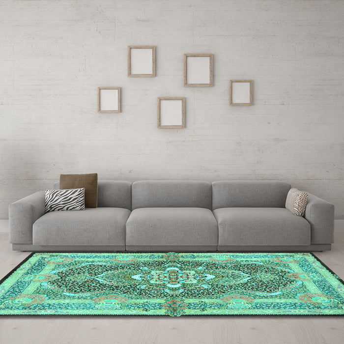 Machine Washable Persian Turquoise Traditional Area Rugs in a Living Room,, wshtr4687turq