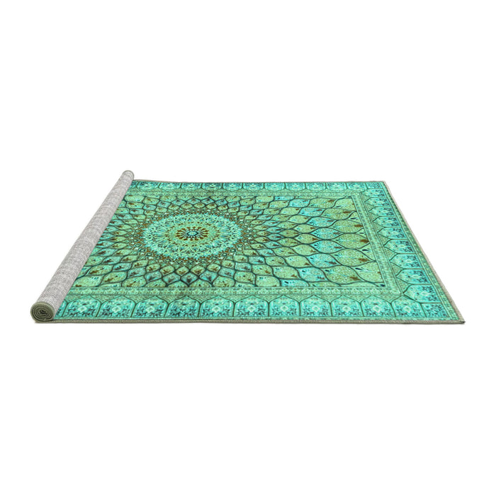 Sideview of Machine Washable Persian Turquoise Traditional Area Rugs, wshtr4688turq