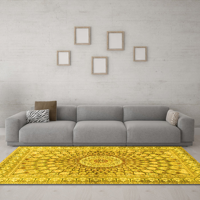 Machine Washable Persian Yellow Traditional Rug in a Living Room, wshtr4688yw
