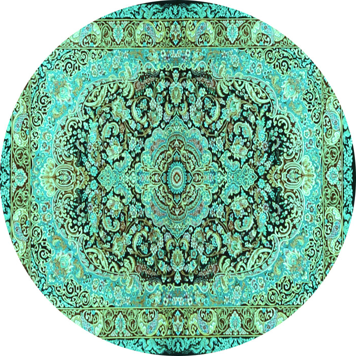 Round Machine Washable Persian Turquoise Traditional Area Rugs, wshtr4689turq