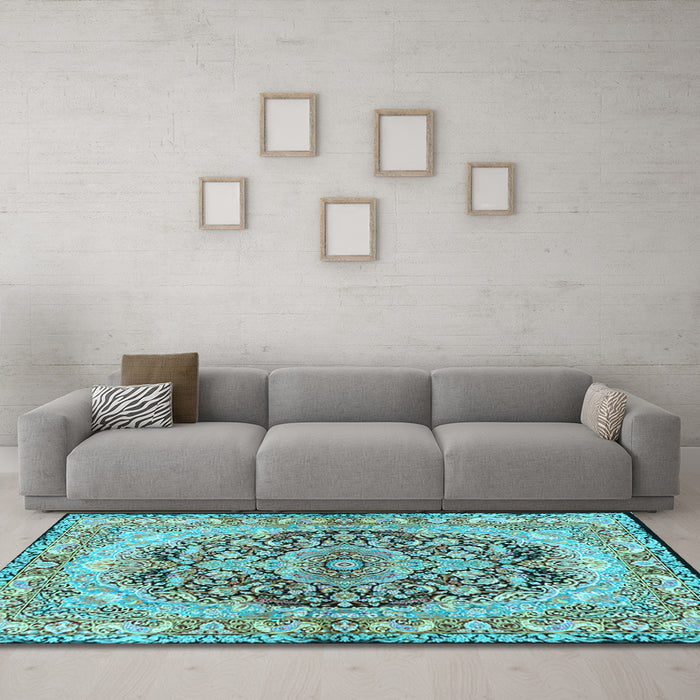 Machine Washable Persian Light Blue Traditional Rug in a Living Room, wshtr4689lblu