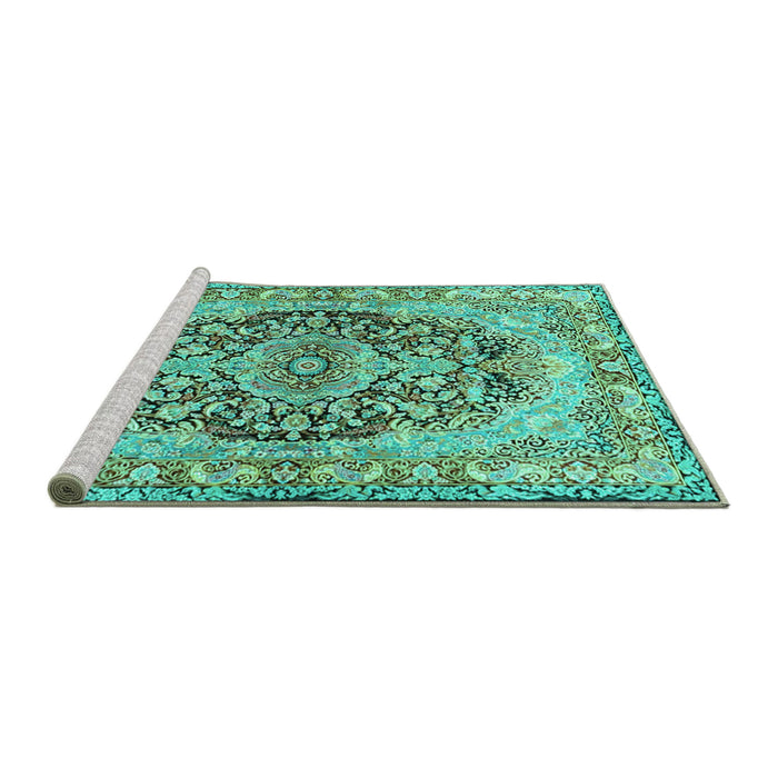 Sideview of Machine Washable Persian Turquoise Traditional Area Rugs, wshtr4689turq