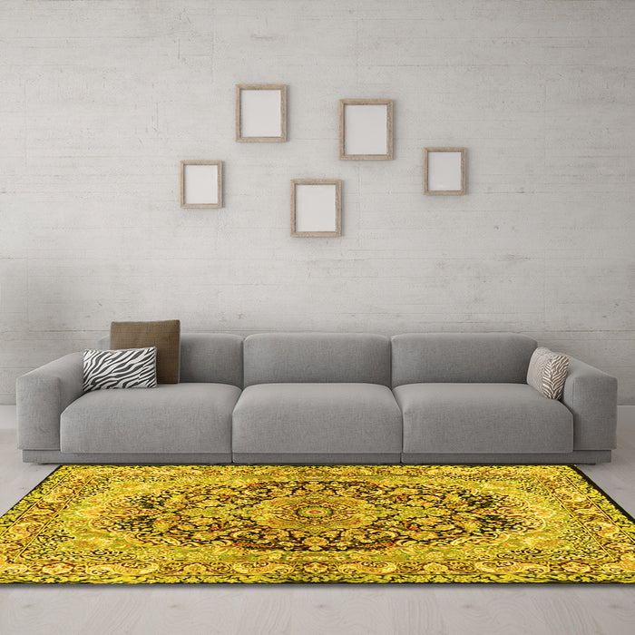 Machine Washable Persian Yellow Traditional Rug in a Living Room, wshtr4689yw
