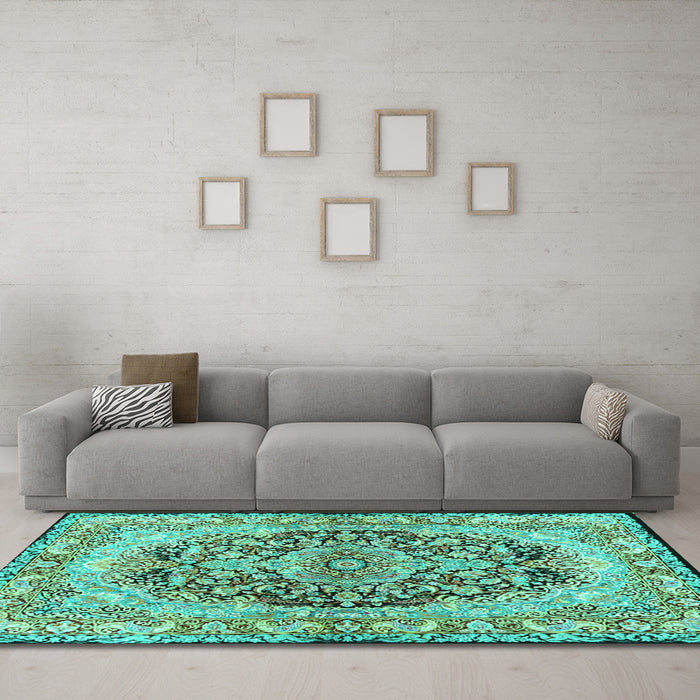 Machine Washable Persian Turquoise Traditional Area Rugs in a Living Room,, wshtr4689turq