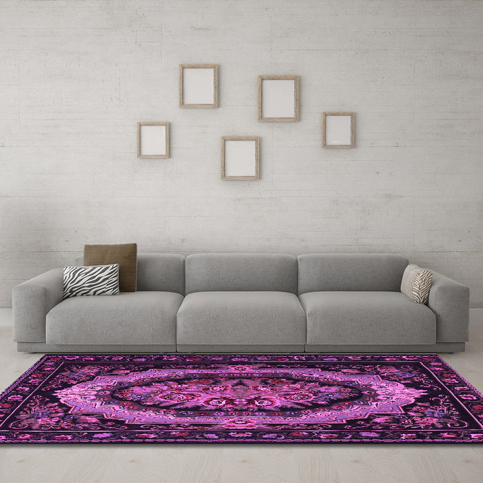 Machine Washable Medallion Purple French Area Rugs in a Living Room, wshtr468pur