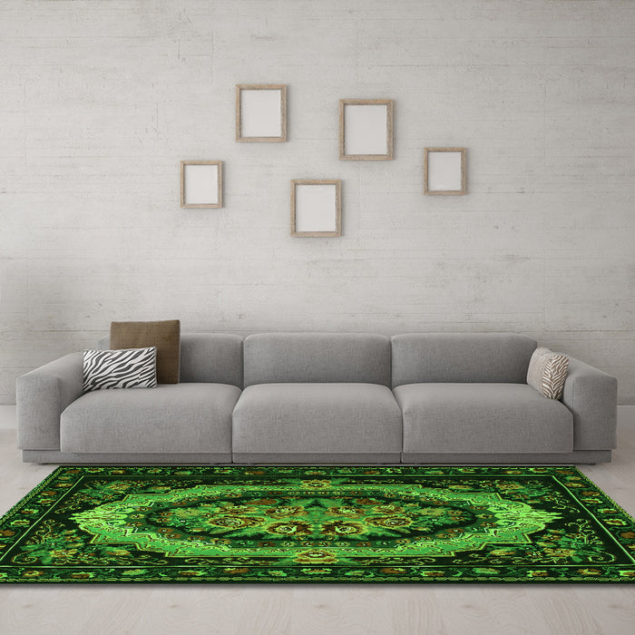 Machine Washable Medallion Green French Area Rugs in a Living Room,, wshtr468grn