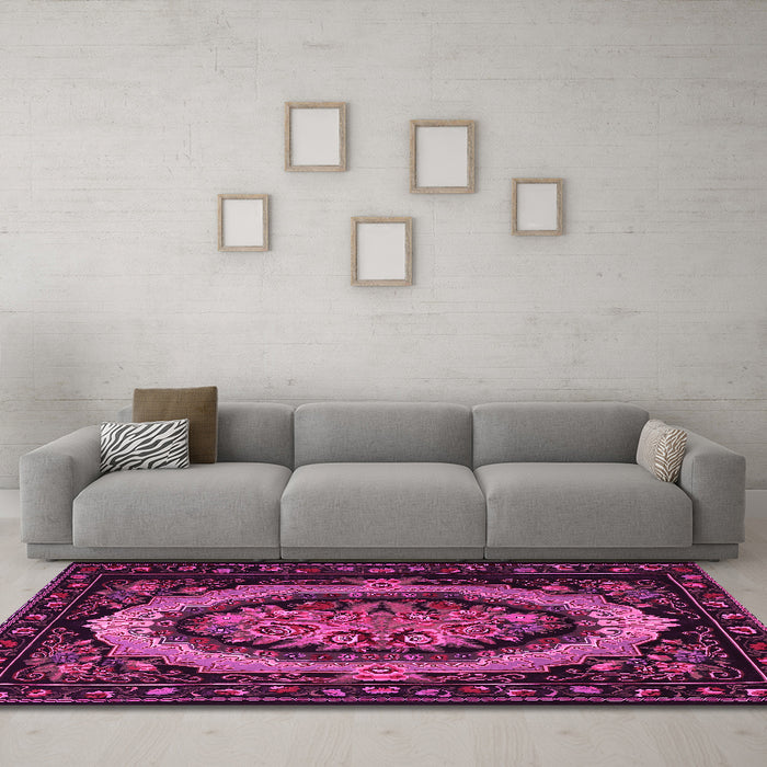 Machine Washable Medallion Pink French Rug in a Living Room, wshtr468pnk