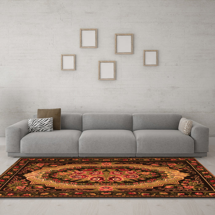 Machine Washable Medallion Orange French Area Rugs in a Living Room, wshtr468org