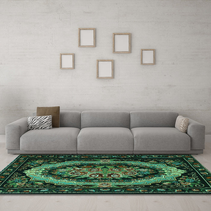 Machine Washable Medallion Turquoise French Area Rugs in a Living Room,, wshtr468turq