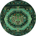 Round Machine Washable Medallion Turquoise French Area Rugs, wshtr468turq