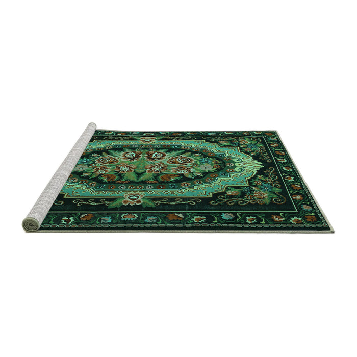 Sideview of Machine Washable Medallion Turquoise French Area Rugs, wshtr468turq