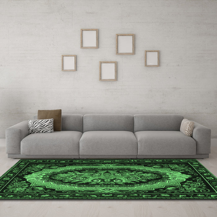 Machine Washable Medallion Emerald Green French Area Rugs in a Living Room,, wshtr468emgrn