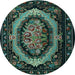 Round Machine Washable Medallion Light Blue French Rug, wshtr468lblu