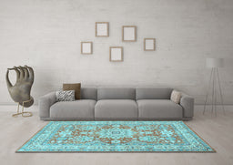 Machine Washable Medallion Light Blue Traditional Rug in a Living Room, wshtr4690lblu
