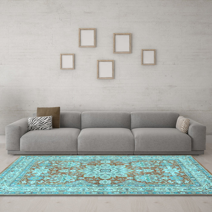 Machine Washable Medallion Light Blue Traditional Rug in a Living Room, wshtr4690lblu