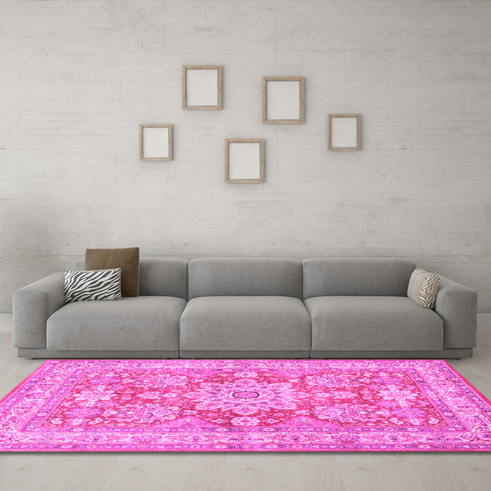 Machine Washable Medallion Pink Traditional Rug in a Living Room, wshtr4690pnk