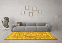 Machine Washable Medallion Yellow Traditional Rug in a Living Room, wshtr4690yw