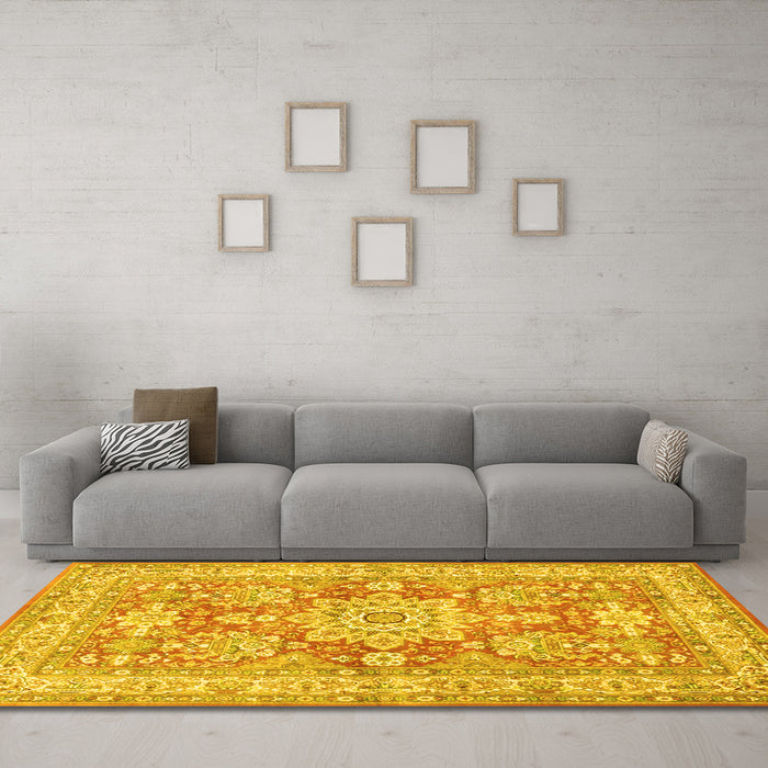 Machine Washable Medallion Yellow Traditional Rug in a Living Room, wshtr4690yw