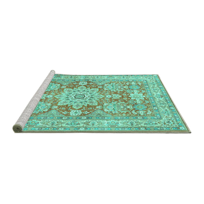 Sideview of Machine Washable Medallion Turquoise Traditional Area Rugs, wshtr4690turq