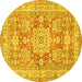 Round Machine Washable Medallion Yellow Traditional Rug, wshtr4690yw