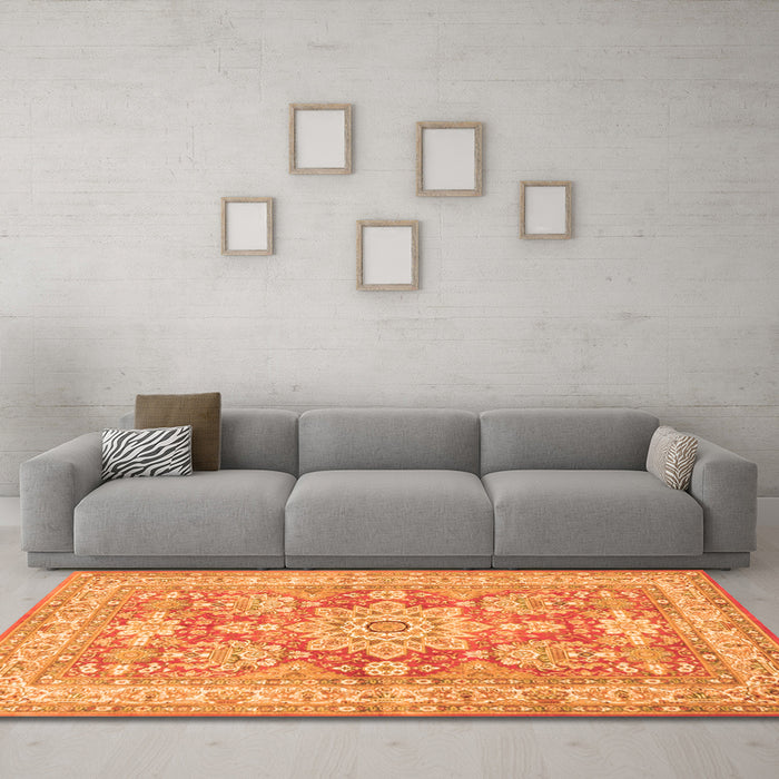 Machine Washable Medallion Orange Traditional Area Rugs in a Living Room, wshtr4690org