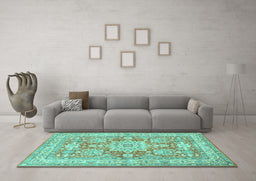 Machine Washable Medallion Turquoise Traditional Area Rugs in a Living Room,, wshtr4690turq
