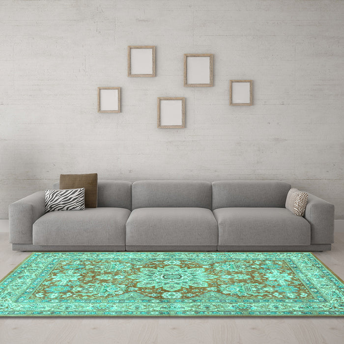 Machine Washable Medallion Turquoise Traditional Area Rugs in a Living Room,, wshtr4690turq