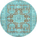 Round Machine Washable Medallion Light Blue Traditional Rug, wshtr4690lblu