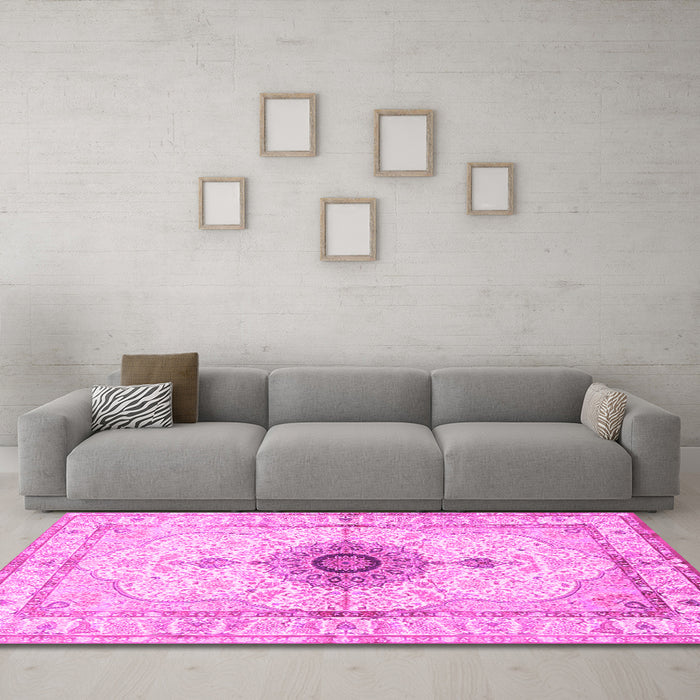Machine Washable Medallion Pink Traditional Rug in a Living Room, wshtr4691pnk