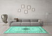 Machine Washable Medallion Turquoise Traditional Area Rugs in a Living Room,, wshtr4691turq