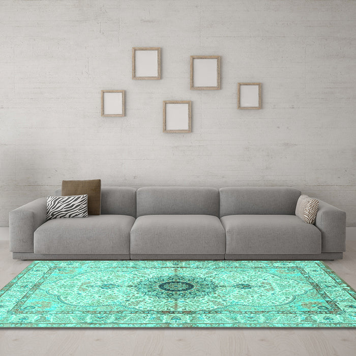 Machine Washable Medallion Turquoise Traditional Area Rugs in a Living Room,, wshtr4691turq