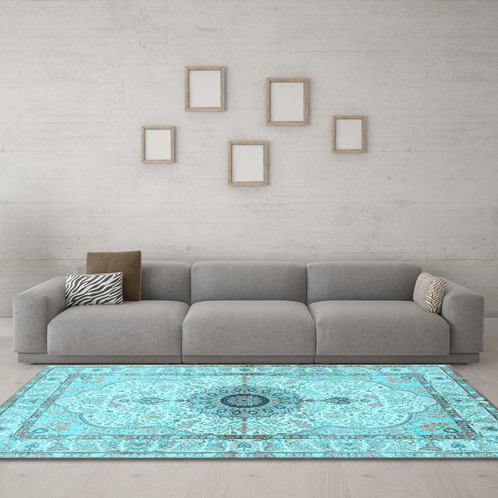 Machine Washable Medallion Light Blue Traditional Rug in a Living Room, wshtr4691lblu