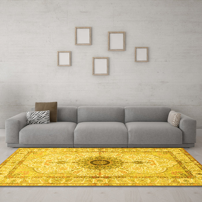 Machine Washable Medallion Yellow Traditional Rug in a Living Room, wshtr4691yw