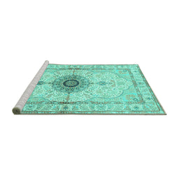 Sideview of Machine Washable Medallion Turquoise Traditional Area Rugs, wshtr4691turq