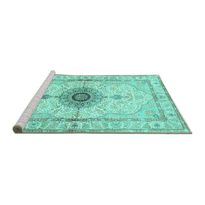 Sideview of Machine Washable Medallion Turquoise Traditional Area Rugs, wshtr4691turq